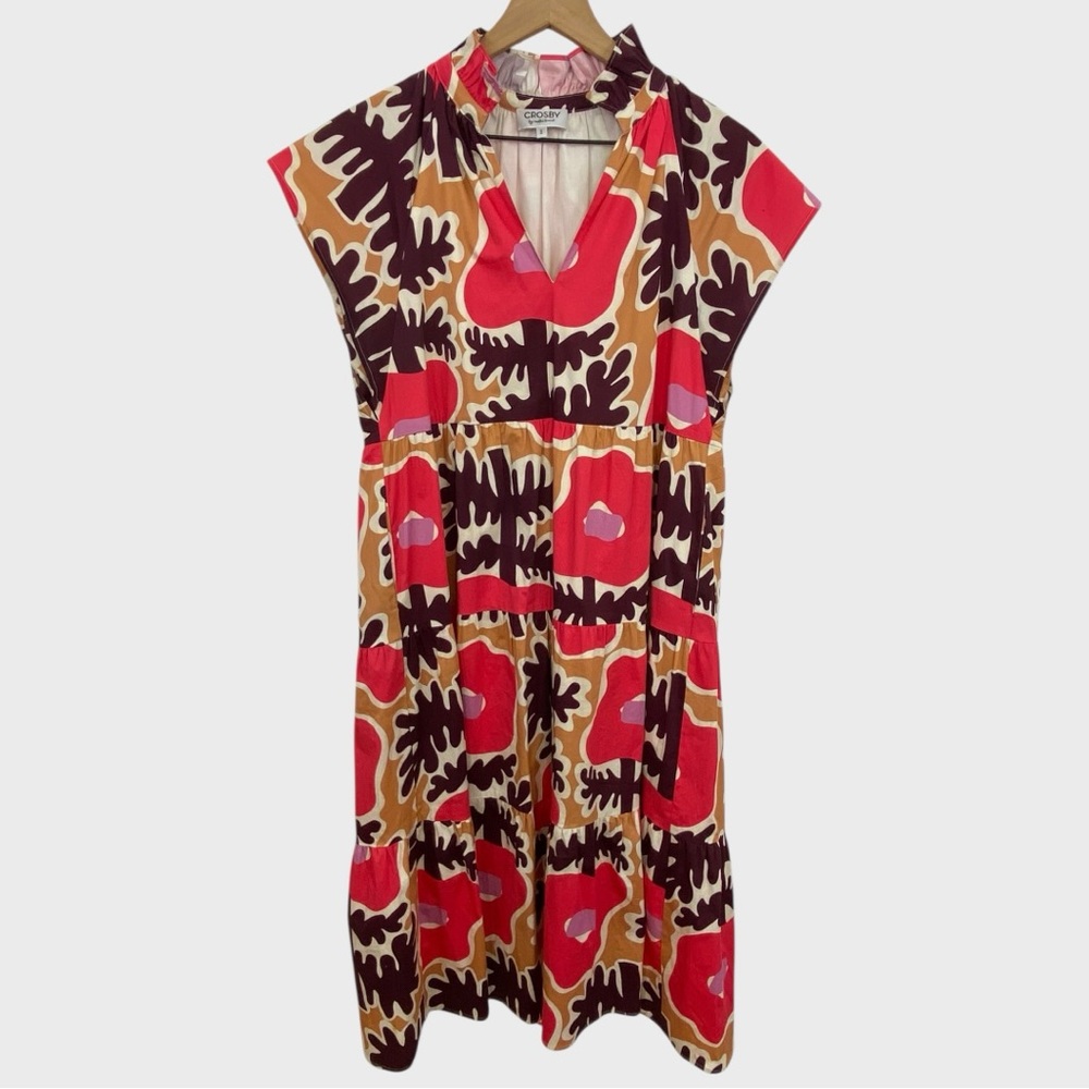 Crosby by Mollie Burch Pink Brown Tan Mod Poppy Watts Midi Dress Size Small - Picture 2 of 10